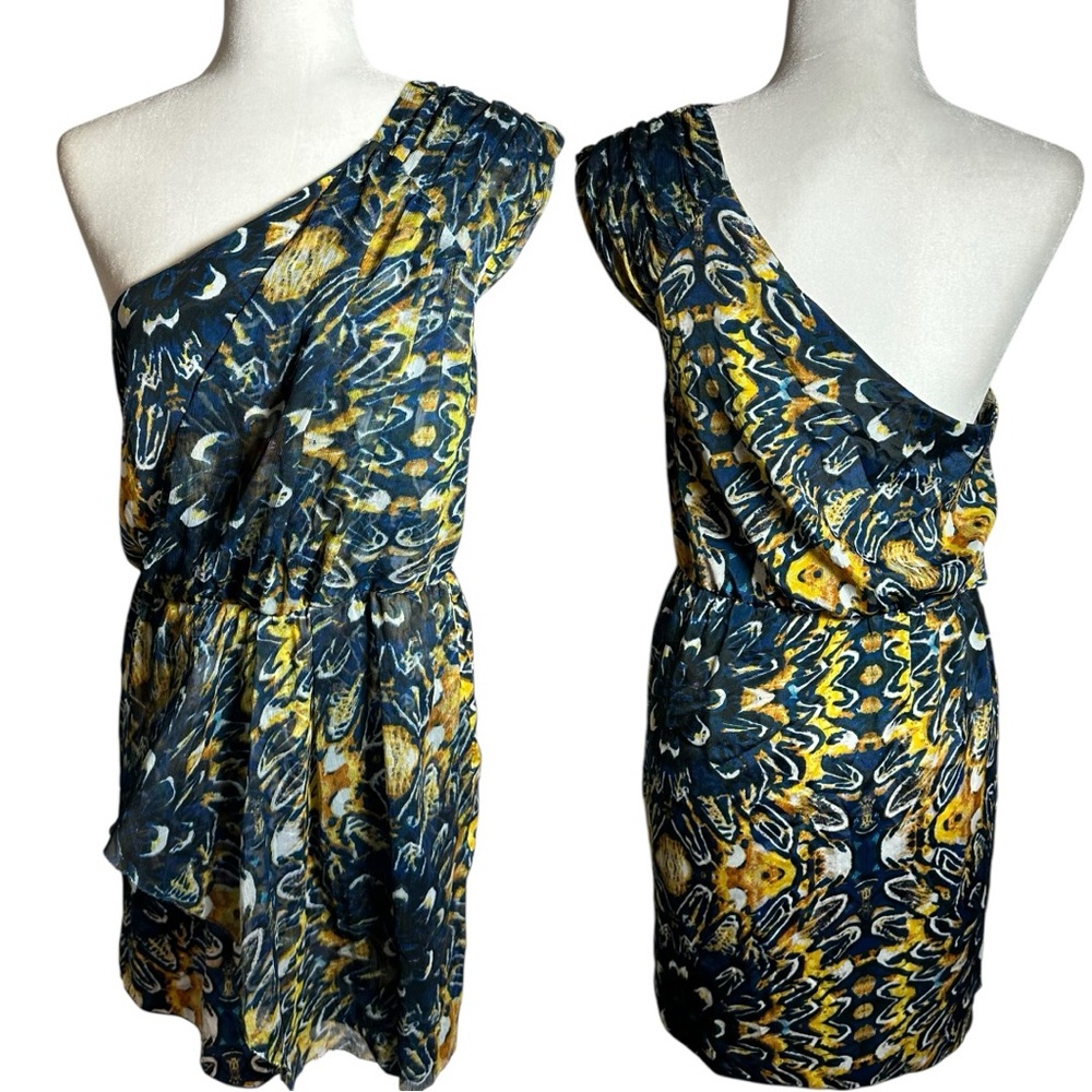 Buffalo David Bitton Avalona Blue Yellow Floral One Shoulder Dress Medium NWT